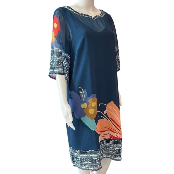 Soft Surroundings Dress Womens Size M Hibiscus Sheer lined Pockets Boho Coastal - Picture 2 of 15